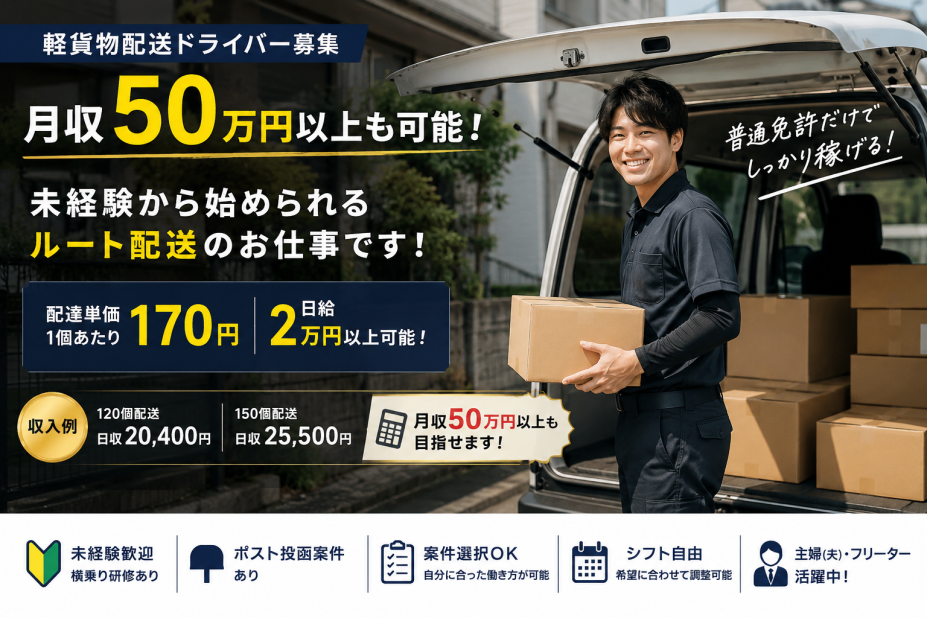 タスクファスト株式会社の軽貨物ドライバー/未経験歓迎/高単価/日給2万円以上可/ポスト投函ありで負担少なめ募集画像