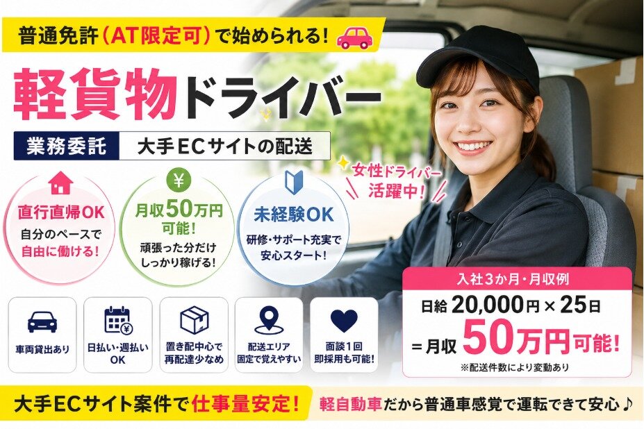 株式会社濱商人の軽貨物ドライバー/普通免許 OK/月収50万円可能/直行直帰OK/日払い・週払いOK・車両貸出あり募集画像